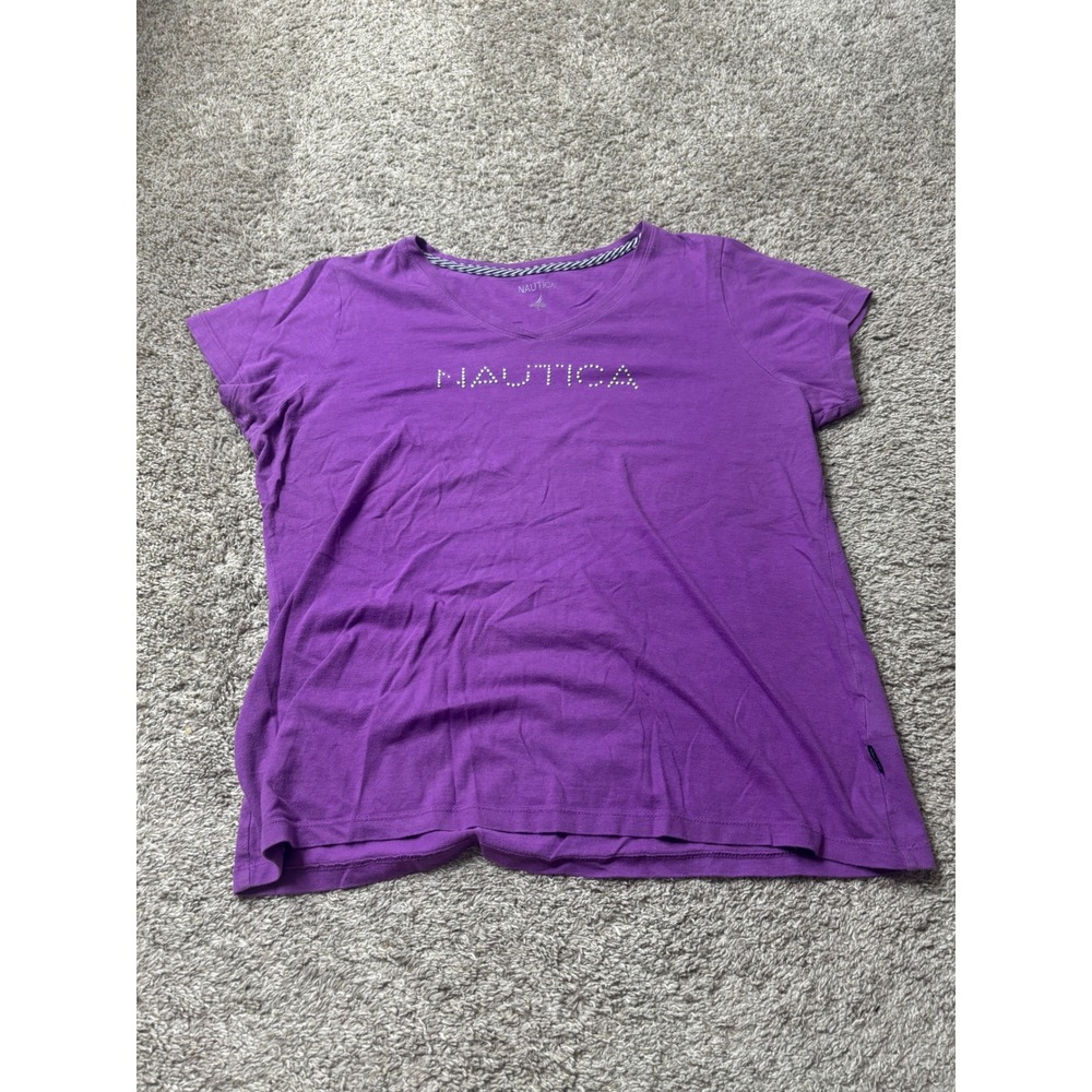 Nautica Womens Purple Cotton V-Neck Short Sleeve Studded Logo T-Shirt Large